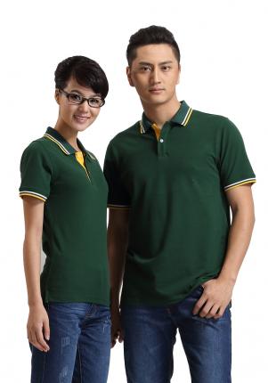 墨綠色珠地棉POLO衫款式，領(lǐng)袖間條撞色，男女時(shí)尚款定制