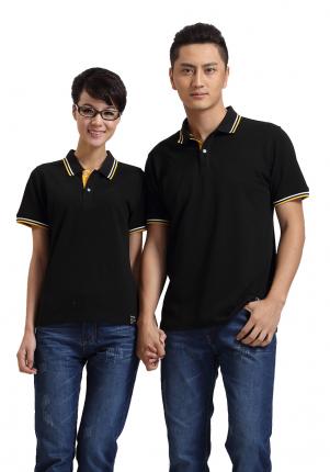 黑色珠地純棉t恤衫，領(lǐng)袖間條撞色，門襟撞色款式制作
