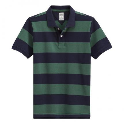 【定制】藍(lán)綠條紋T恤衫男士翻領(lǐng)短袖時尚來襲款式訂做